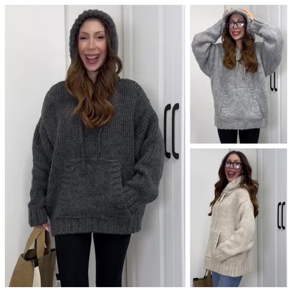 Дамски плътен цвят плетен суитшърт с качулка