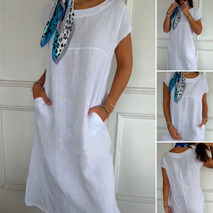 🌼Ддамска ленена рокля с кръгло деколте и къси ръкави