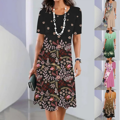 🌸Елегантна рокля с флорален модел и кръгло деколте