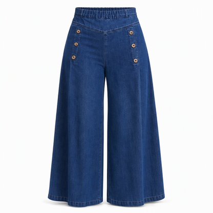 Högtaljade jeans med vida ben, stretchigt denim och dekorativa knappar