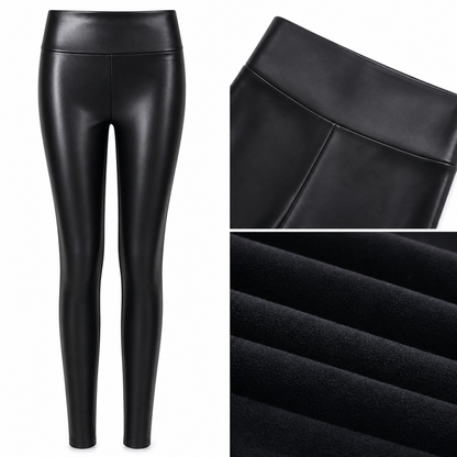 Kvinnliga leggings i konstläder med hög midjeväv, fleecefodrade - mjuka och varma vinterbyxor