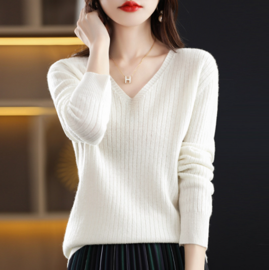 Пуловер с V-образно деколте и дълъг ръкав, едноцветен кашмирен пуловер