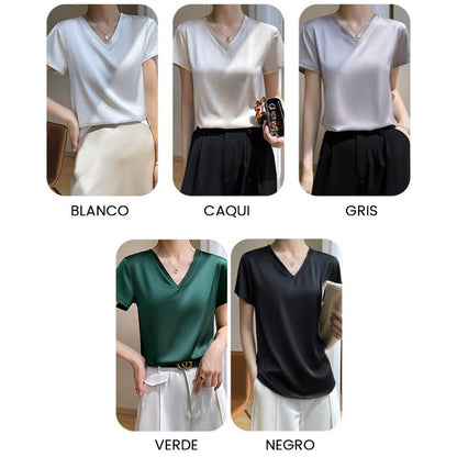 Дишаща копринена тениска с V-образно деколте